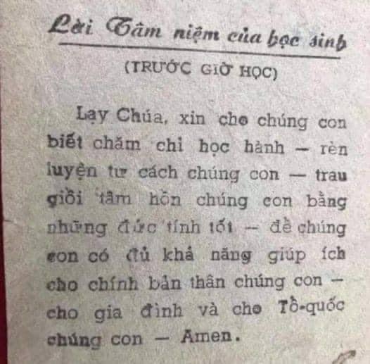 Lời cầu nguyện tâm niệm của học sinh xưa trước giờ học trước 1975 ở miền Nam Việt Nam (vnch).