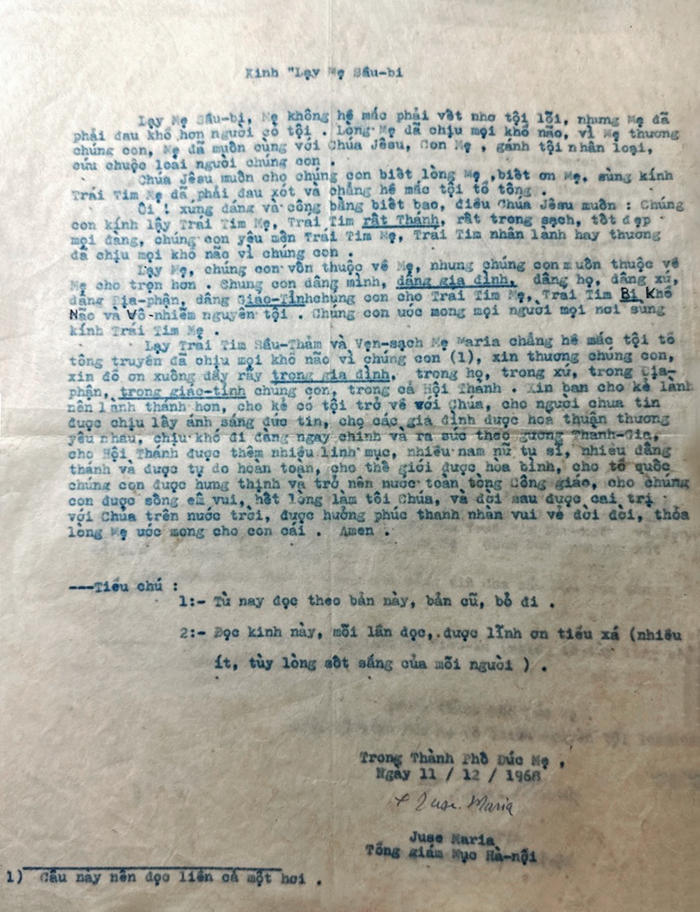 Kinh lạy Mẹ Sầu Bi, Giáo Phận Hà Nội 1968.